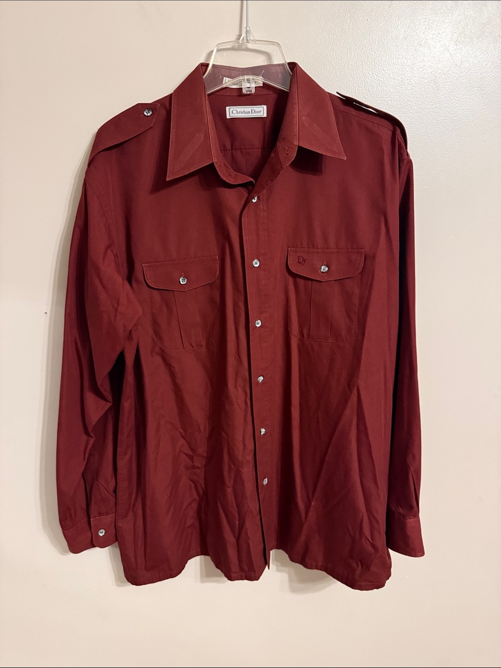 Christian Dior Vintage Men's Deep Wine Long-Sleeve Button Shirt with Epaulettes